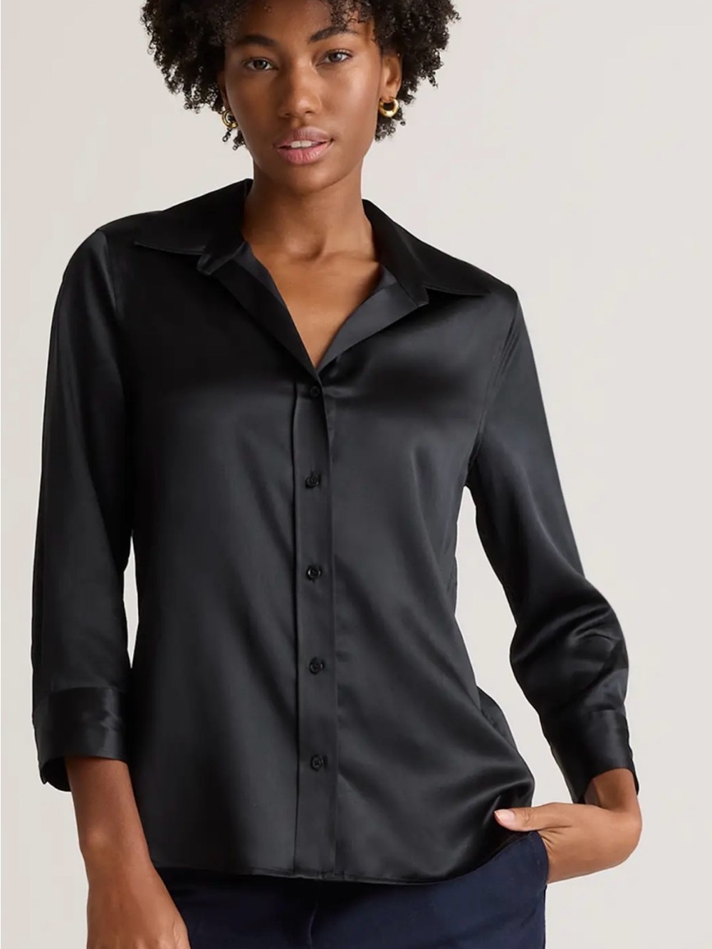 Quince Black Silk Blend Washable Button down Shirt party office date Size M
